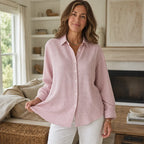 Pink Women's Vintage Plaid Shirt with Relaxed Linen Fit - Front Full