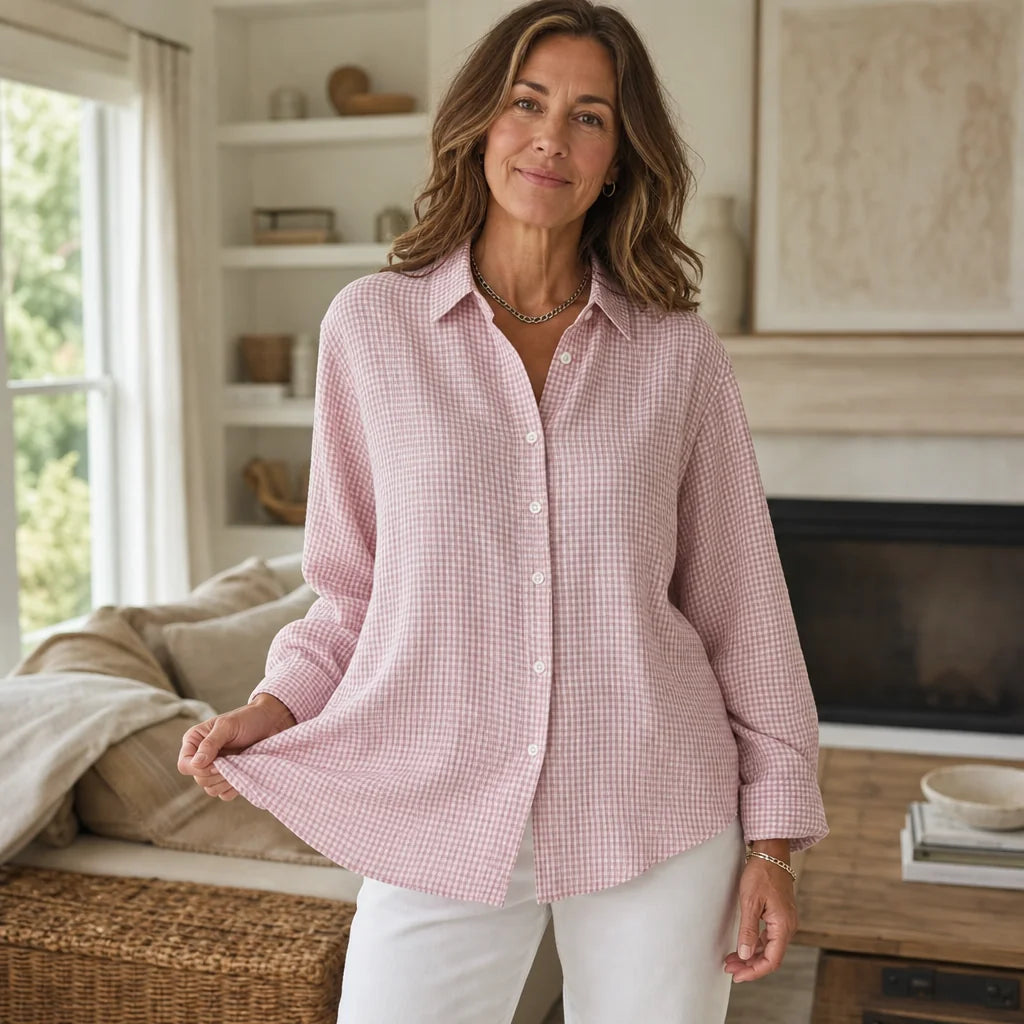 Pink Women's Vintage Plaid Shirt with Relaxed Linen Fit - Front Full