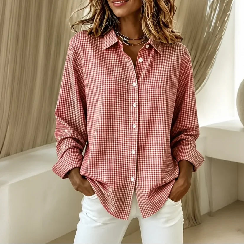 Red Women's Vintage Plaid Shirt with Relaxed Linen Fit