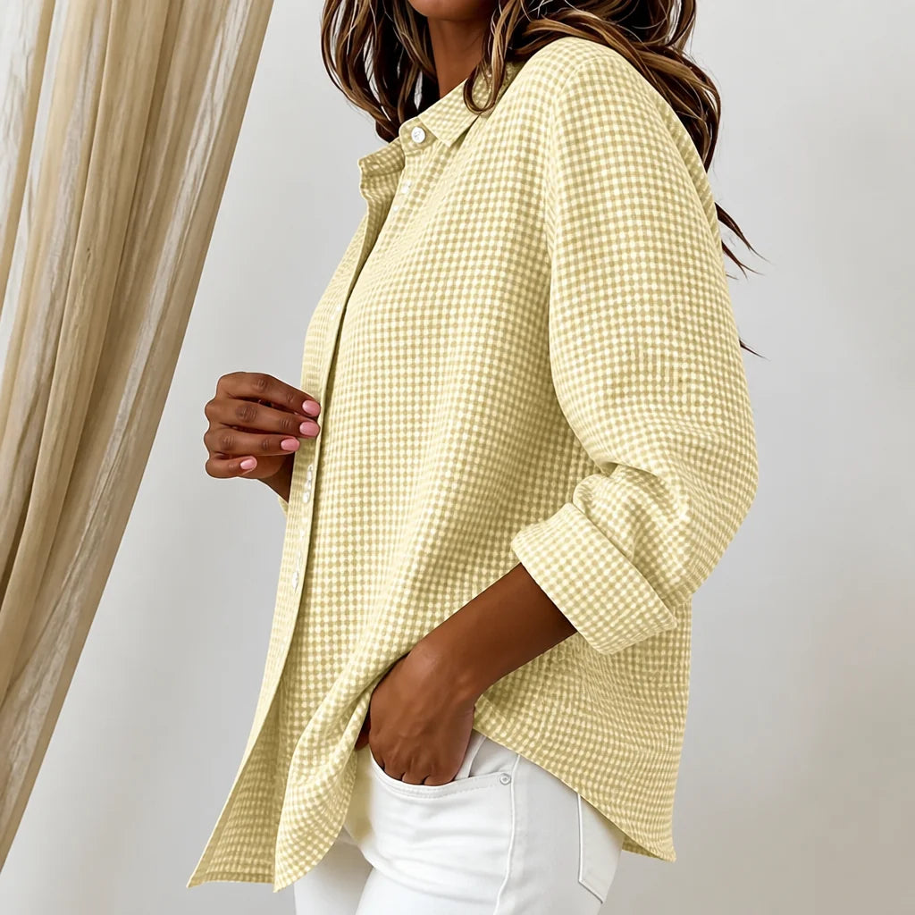 Yellow Women's Vintage Plaid Shirt with Relaxed Linen Fit