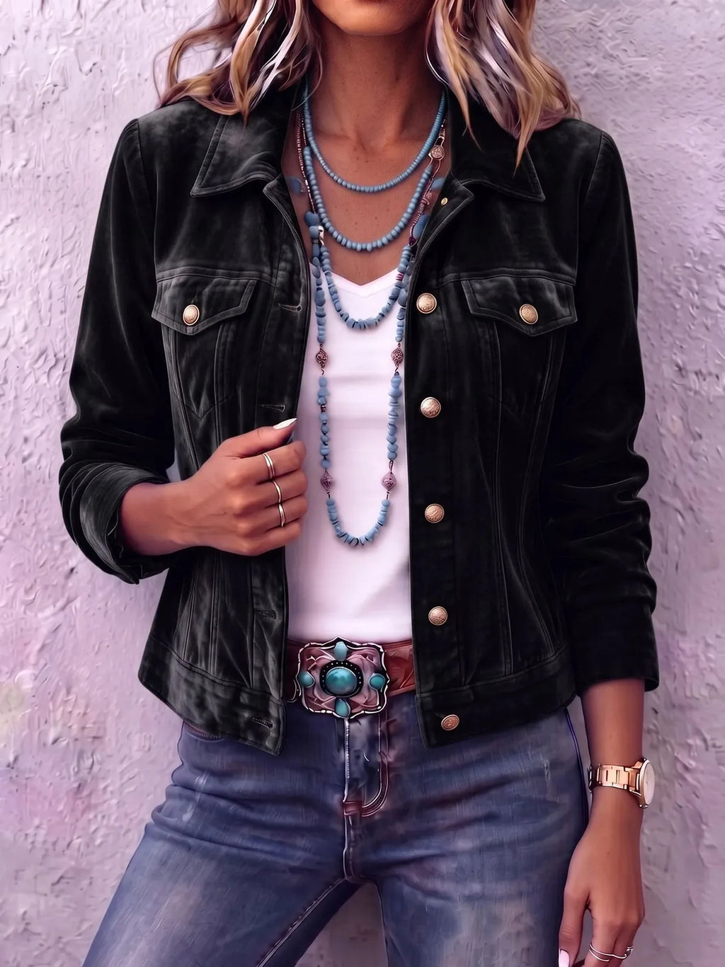 Black (Almost sold out) Women's Vintage Button Jacket with Chest Pockets & Relaxed Fit - Almost Sold Out