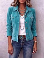 Women's Vintage Button Jacket with Chest Pockets & Relaxed Fit - Front Earrings Detail