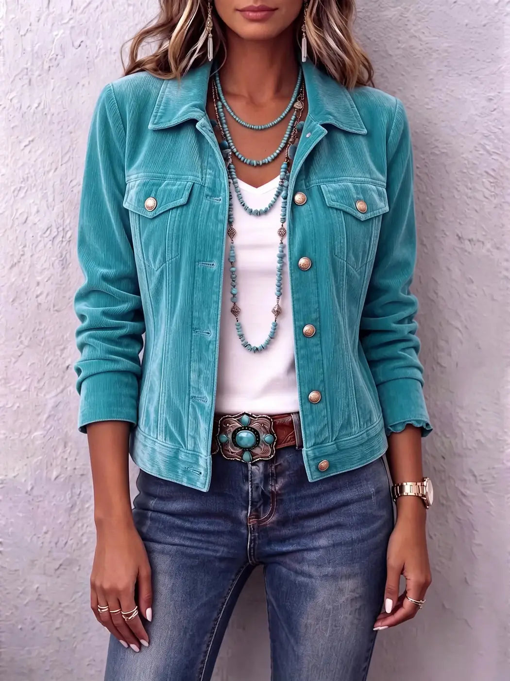 Women's Vintage Button Jacket with Chest Pockets & Relaxed Fit - Front Earrings Detail