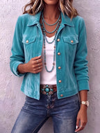 Blue Women's Vintage Button Jacket with Chest Pockets & Relaxed Fit