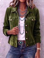 Green Women's Vintage Button Jacket with Chest Pockets & Relaxed Fit