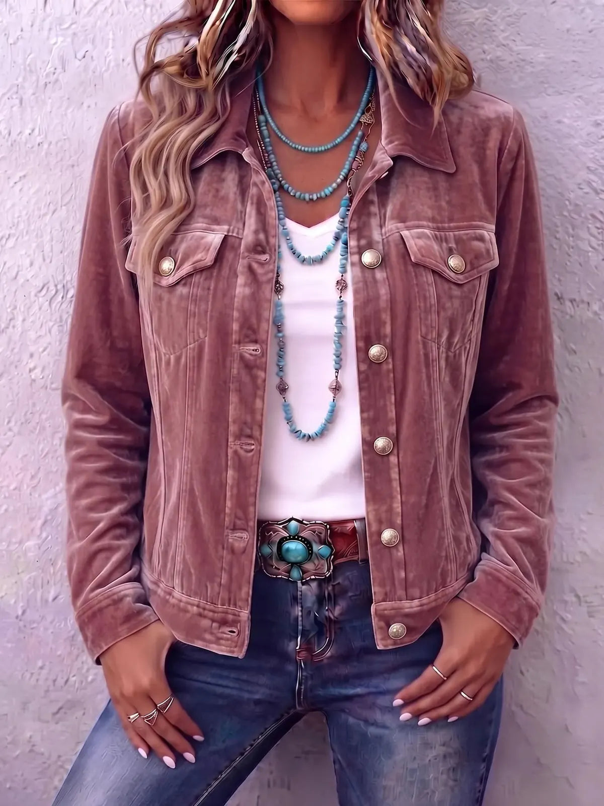 Pink Women's Vintage Button Jacket with Chest Pockets & Relaxed Fit