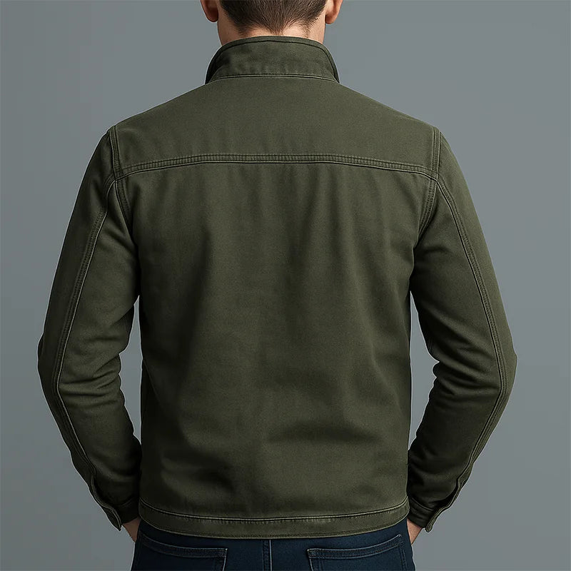 Military Green Men's Military Green Vintage Zip-Up Jacket — Bennett Everyday Rugged Pockets - Back Full
