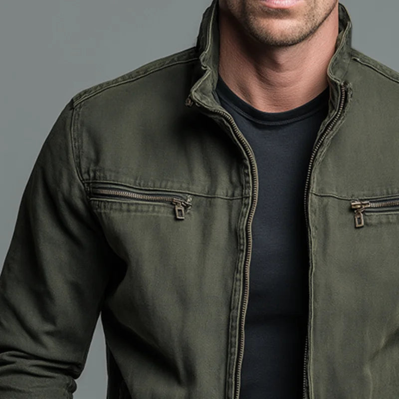 Military Green Men's Military Green Vintage Zip-Up Jacket — Bennett Everyday Rugged Pockets - Close Up Chest Detail