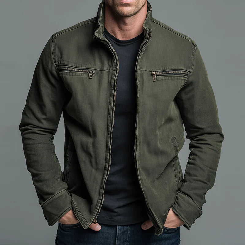 Military Green Men's Military Green Vintage Zip-Up Jacket — Bennett Everyday Rugged Pockets - Front Full