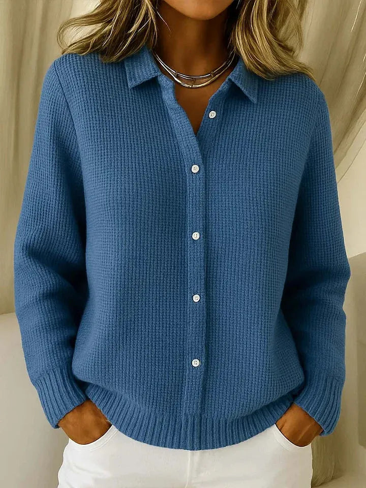 Blue Women's Button-Front Knit Cardigan — Priya Waffle Knit Collared Oversized - Front Detail