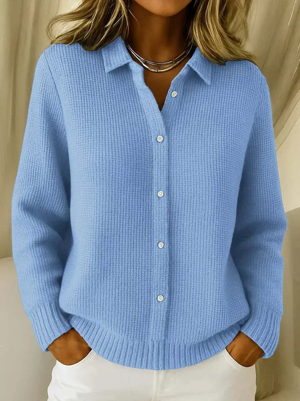 Blue Women's Button-Front Knit Cardigan — Priya Waffle Knit Collared Oversized - Front Full