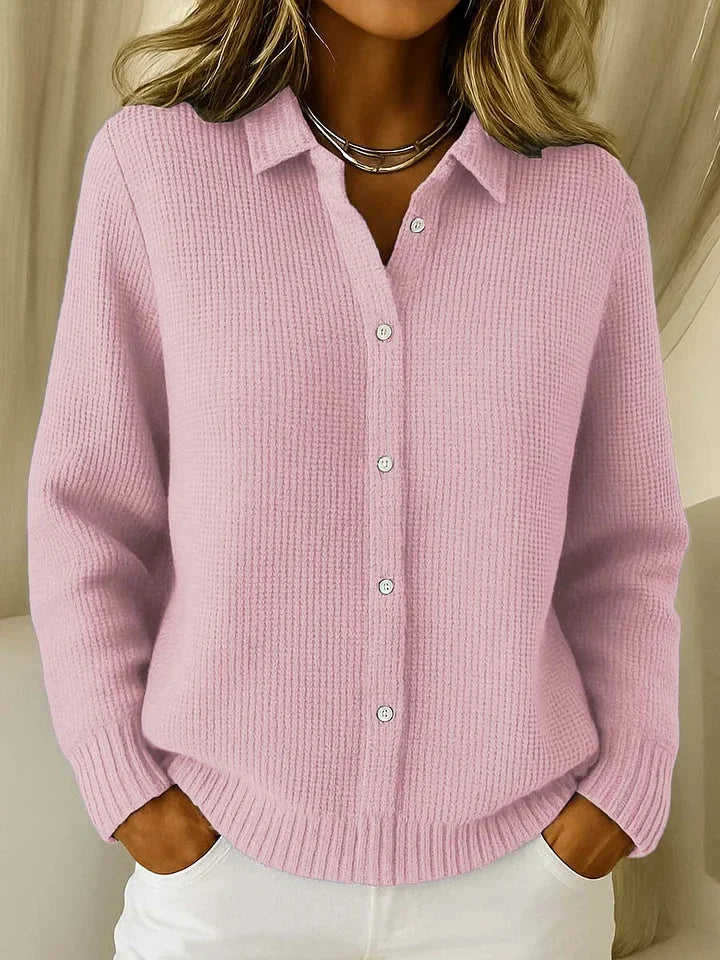 Pink Women's Button-Front Knit Cardigan — Priya Waffle Knit Collared Oversized - Front Pose