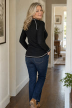 Women's Waffle Knit Henley Top with Contrast Stitch & Relaxed Fit - Back View Hallway