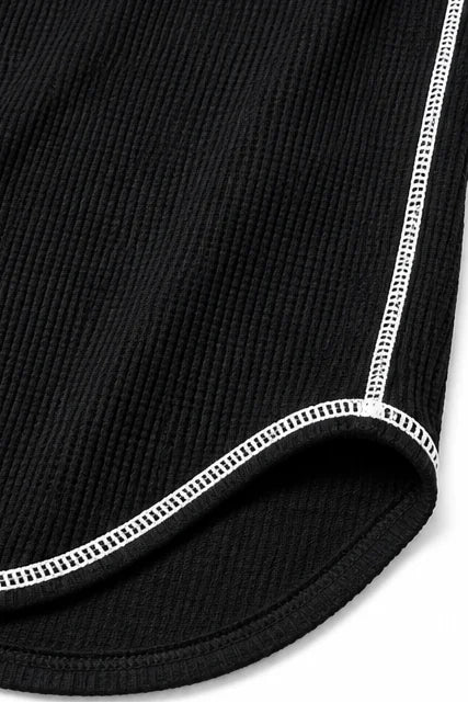 Women's Waffle Knit Henley Top with Contrast Stitch & Relaxed Fit - Flat Lay Hem Detail