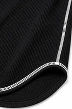Women's Waffle Knit Henley Top with Contrast Stitch & Relaxed Fit - Flat Lay Hem Detail