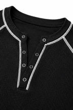 Women's Waffle Knit Henley Top with Contrast Stitch & Relaxed Fit - Flat Lay Neckline Detail