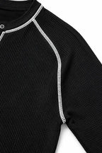 Women's Waffle Knit Henley Top with Contrast Stitch & Relaxed Fit - Flat Lay Shoulder Detail