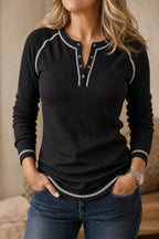 Women's Waffle Knit Henley Top with Contrast Stitch & Relaxed Fit - Front Pose Hands Pockets