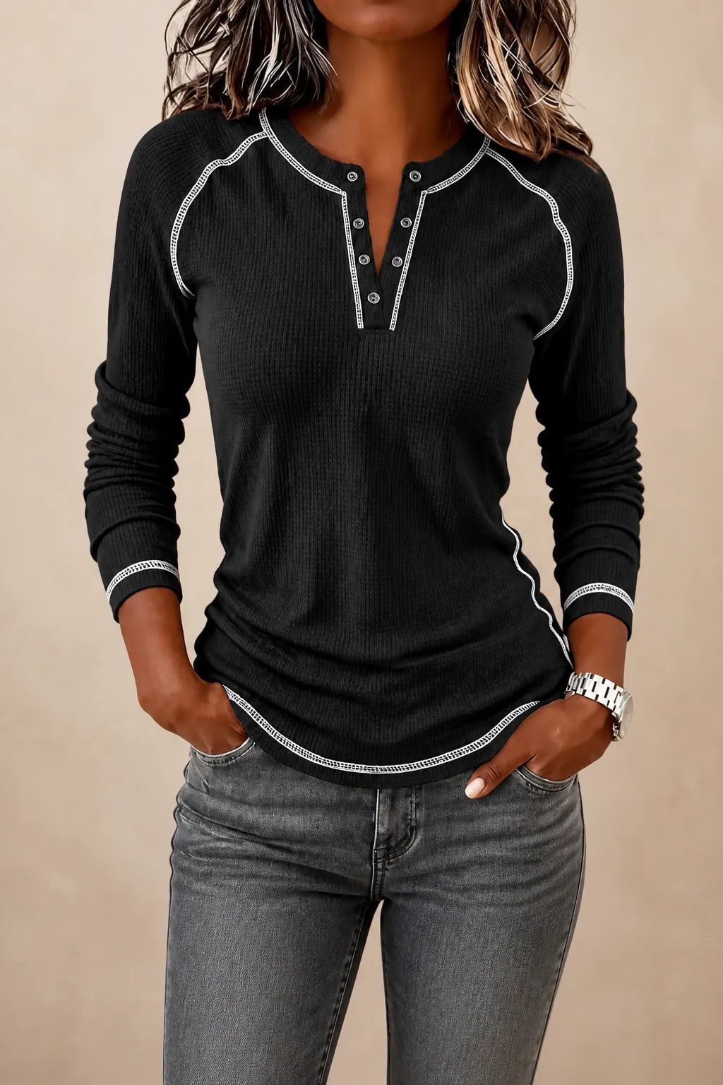 Black Women's Waffle Knit Henley Top with Contrast Stitch & Relaxed Fit