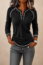 Black Women's Waffle Knit Henley Top with Contrast Stitch & Relaxed Fit