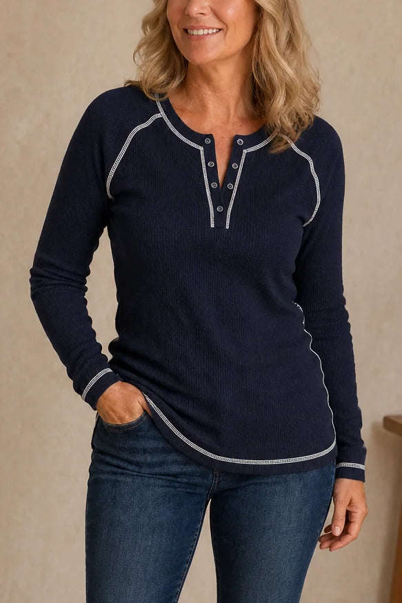 Navy Women's Waffle Knit Henley Top with Contrast Stitch & Relaxed Fit
