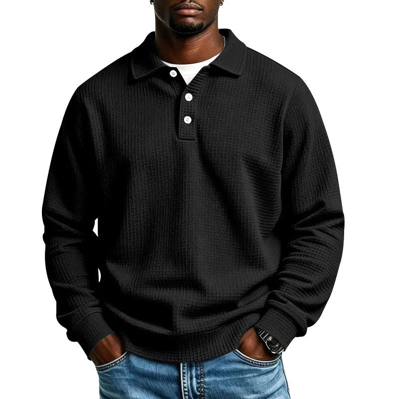 Black Men's Everyday Polo Shirt with Waffle Knit Texture & Ribbed Cuffs