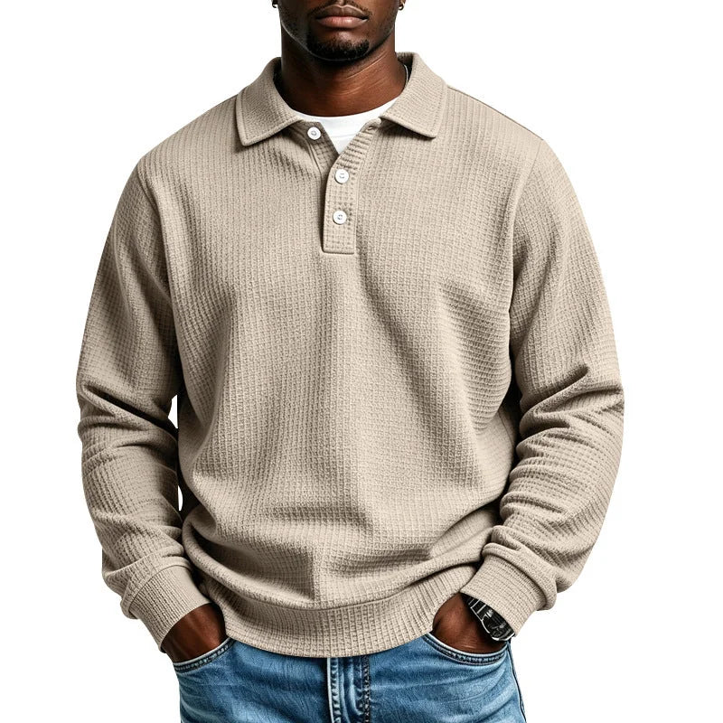 Khaki Men's Everyday Polo Shirt with Waffle Knit Texture & Ribbed Cuffs
