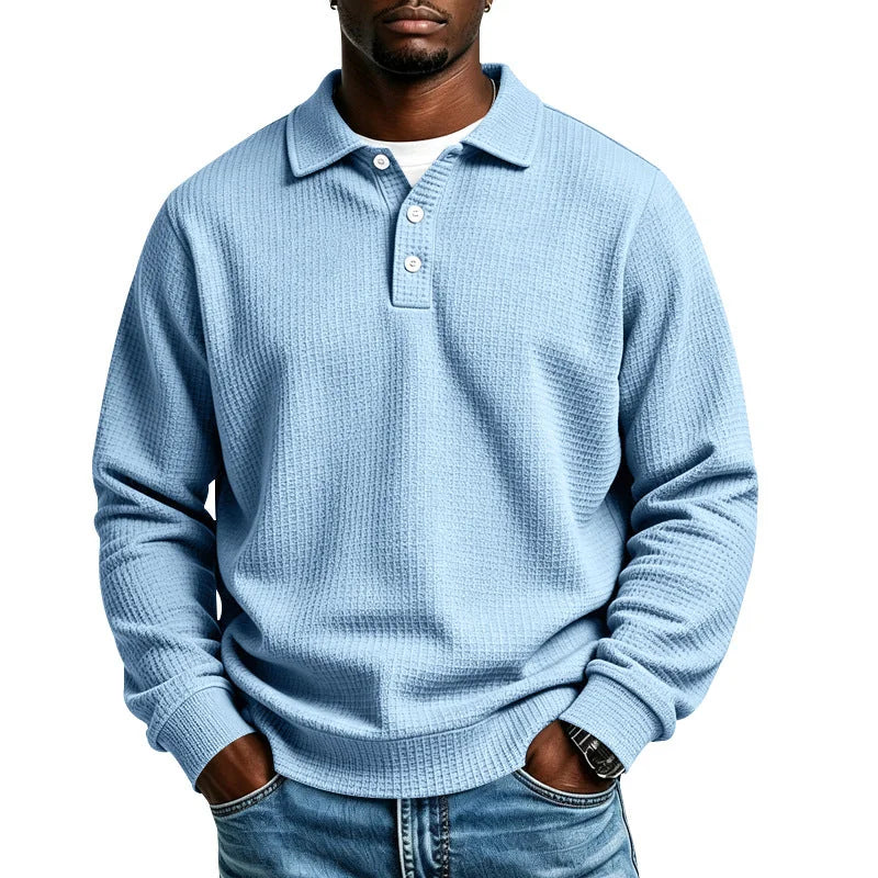 Light Blue Men's Everyday Polo Shirt with Waffle Knit Texture & Ribbed Cuffs - Front
