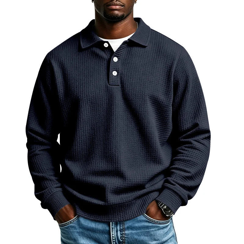 Men's Everyday Polo Shirt with Waffle Knit Texture & Ribbed Cuffs - Front Detail
