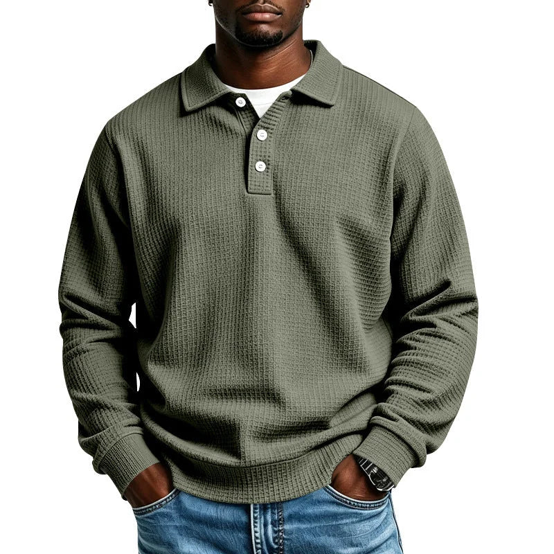 Olive Green Men's Everyday Polo Shirt with Waffle Knit Texture & Ribbed Cuffs - Front Studio