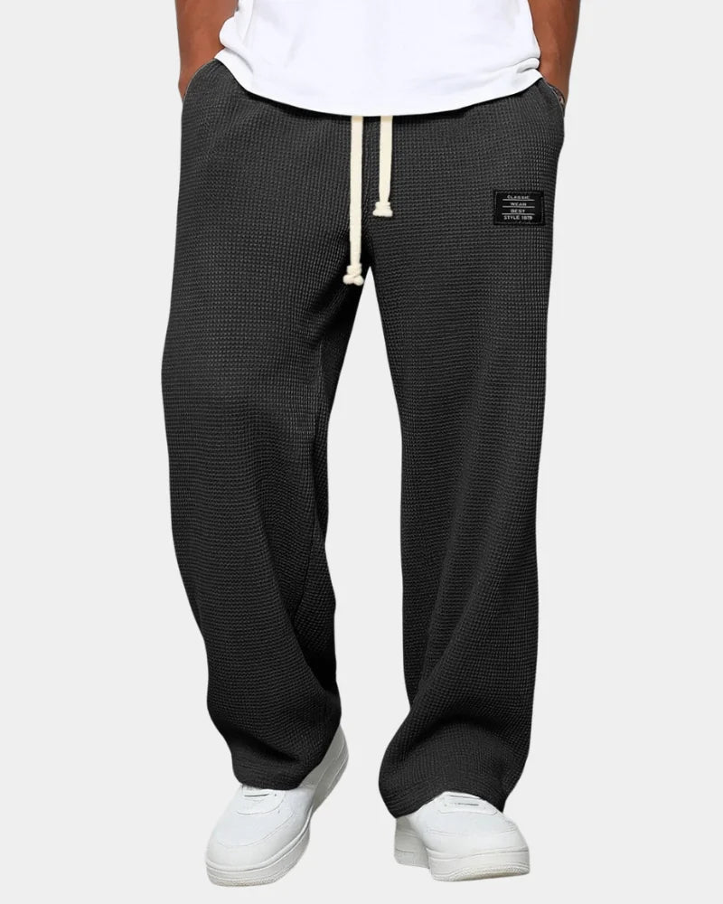 Black Men's Waffle Knit Sweatpants with Wide-Leg Fit & Drawstring Waist