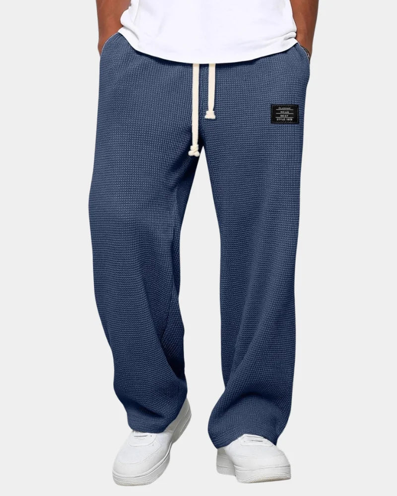 Blue Men's Waffle Knit Sweatpants with Wide-Leg Fit & Drawstring Waist