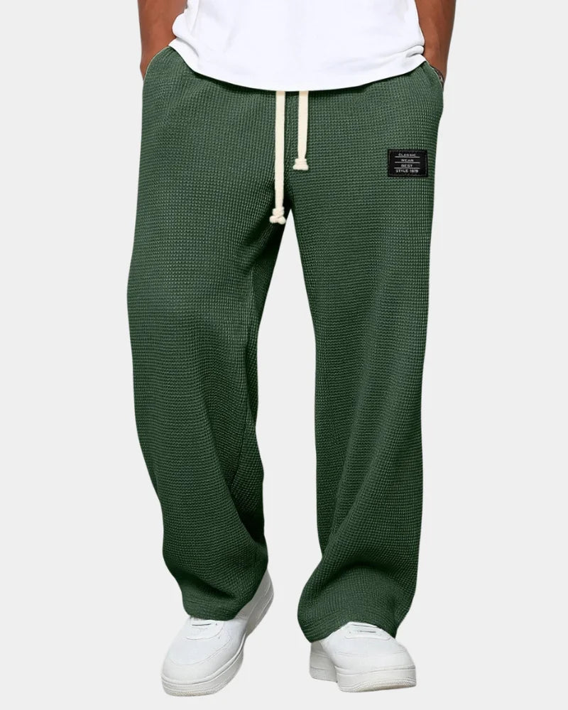Dark Green Men's Waffle Knit Sweatpants with Wide-Leg Fit & Drawstring Waist