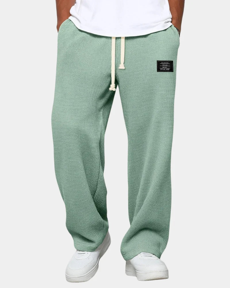 Green Men's Waffle Knit Sweatpants with Wide-Leg Fit & Drawstring Waist