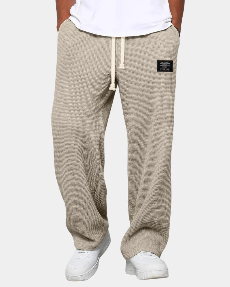 Khaki Men's Waffle Knit Sweatpants with Wide-Leg Fit & Drawstring Waist