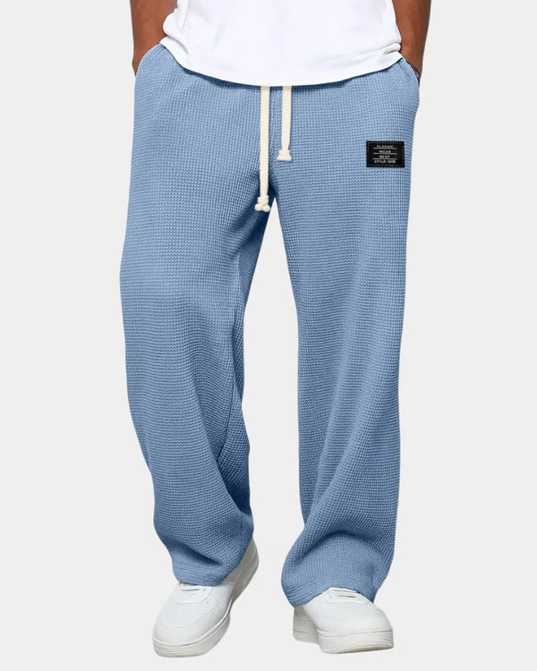 Sky Blue Men's Waffle Knit Sweatpants with Wide-Leg Fit & Drawstring Waist