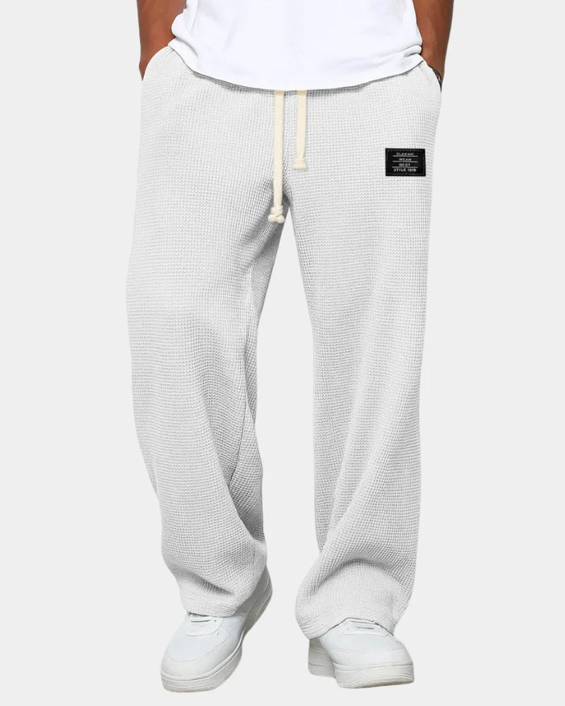 White Men's Waffle Knit Sweatpants with Wide-Leg Fit & Drawstring Waist