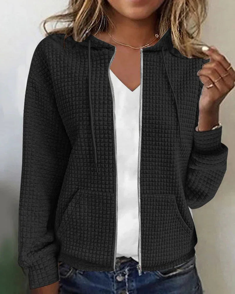 Black Women's Casual Cotton Blend Jacket with Waffle Knit Texture & Drawstring Hood