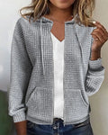 Women's Casual Cotton Blend Jacket with Waffle Knit Texture & Drawstring Hood — June