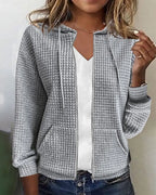 Gray Women's Casual Cotton Blend Jacket with Waffle Knit Texture & Drawstring Hood