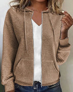 Khaki Women's Casual Cotton Blend Jacket with Waffle Knit Texture & Drawstring Hood