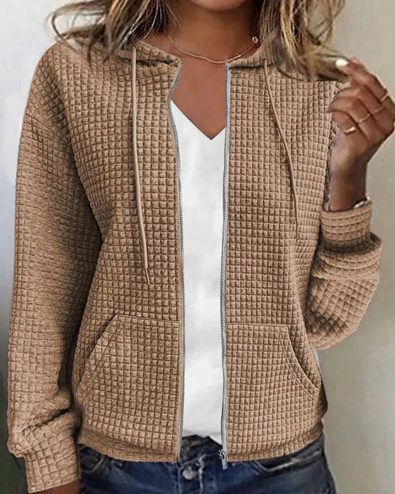 Khaki Women's Casual Cotton Blend Jacket with Waffle Knit Texture & Drawstring Hood