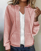 Pink Women's Casual Cotton Blend Jacket with Waffle Knit Texture & Drawstring Hood
