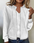 White Women's Casual Cotton Blend Jacket with Waffle Knit Texture & Drawstring Hood