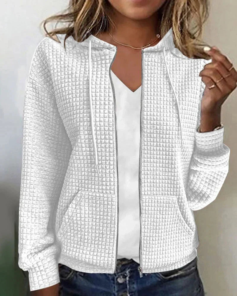 White Women's Casual Cotton Blend Jacket with Waffle Knit Texture & Drawstring Hood