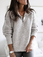 Grey Women's Half Zip Sweater with Textured Knit & Relaxed Fit