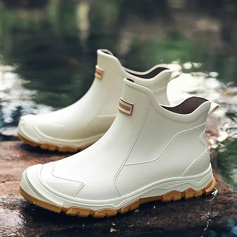 Beige Men's Waterproof Rain Boots — Carrie Cushioned Slip-On - Outdoor Pair Front