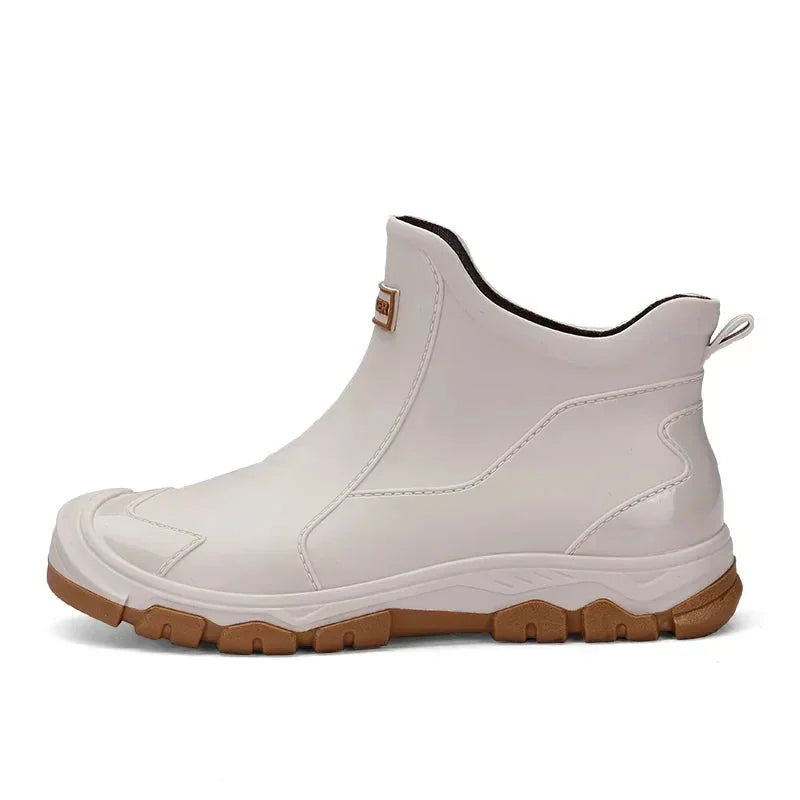 Beige Men's Waterproof Rain Boots — Carrie Cushioned Slip-On - Studio Side Profile