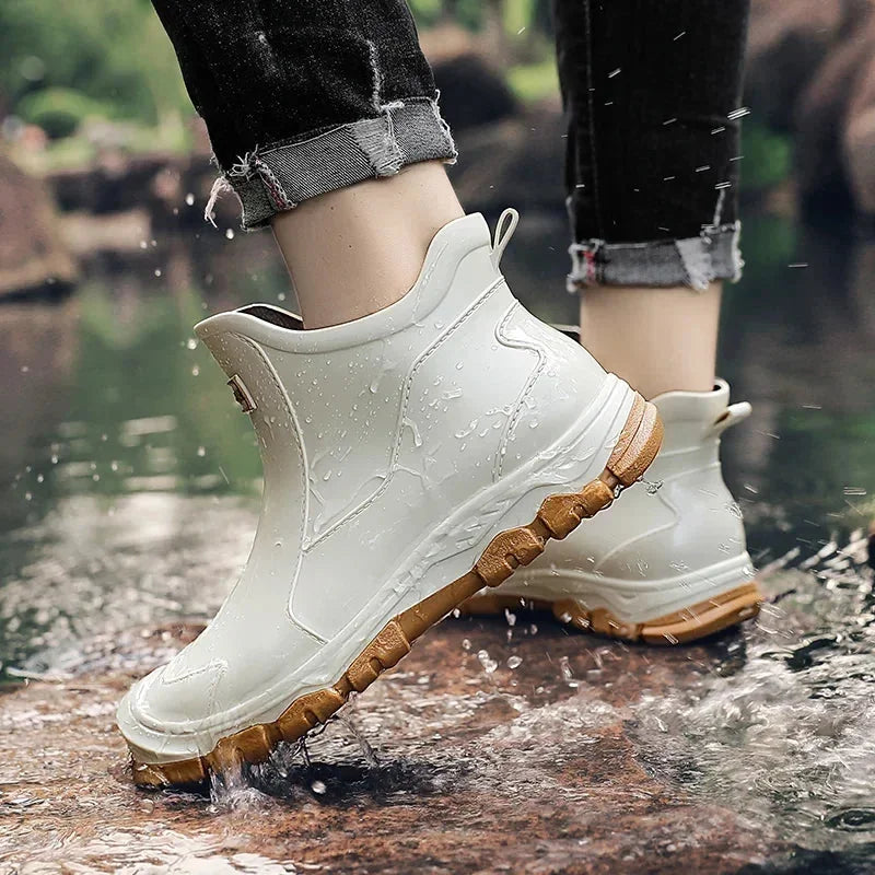 Beige Men's Waterproof Rain Boots — Carrie Cushioned Slip-On - Worn Walking Water