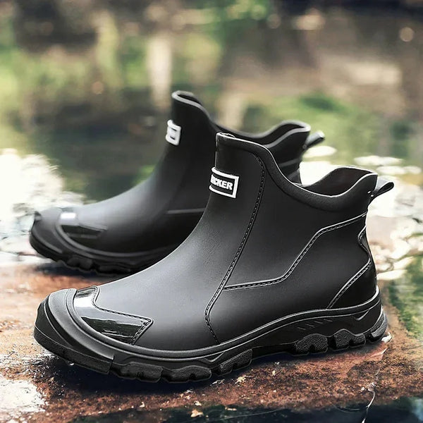 Black Men's Waterproof Rain Boots — Carrie Cushioned Slip-On - Outdoor Pair Angle